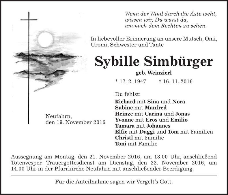 Traueranzeige Sybille Simbürger