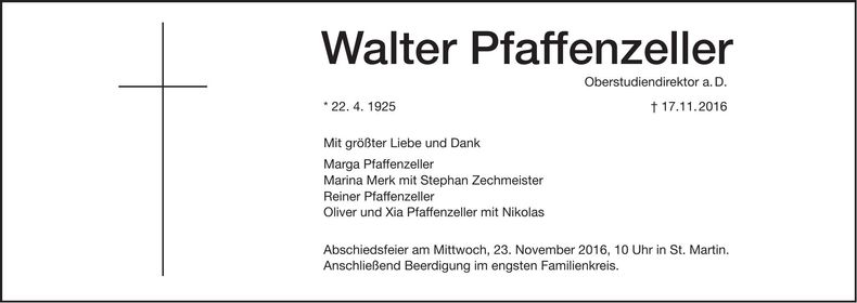 Traueranzeige Walter Pfaffenzeller