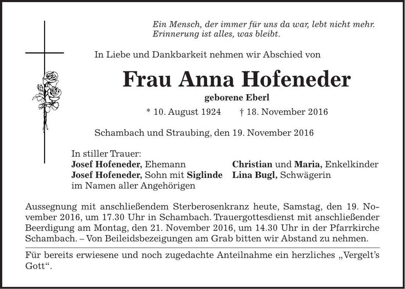 Traueranzeige Anna Hofeneder