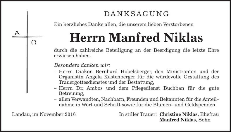 Traueranzeige Manfred Niklas