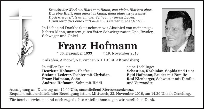 Traueranzeige Franz Hofmann