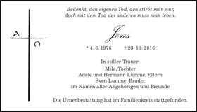 Traueranzeige Jens Lumme