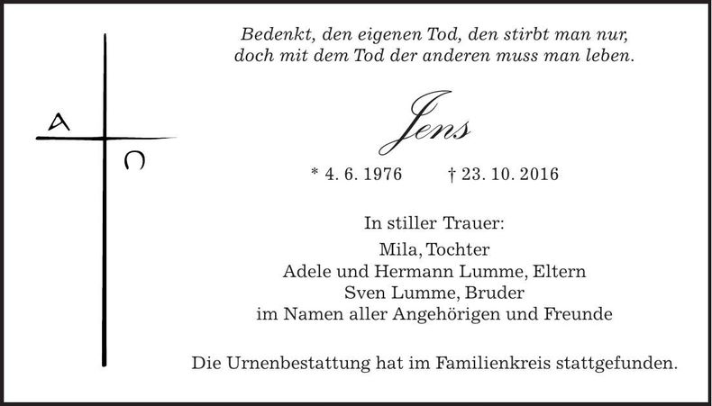Traueranzeige Jens Lumme