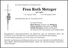 Traueranzeige Ruth Metzger