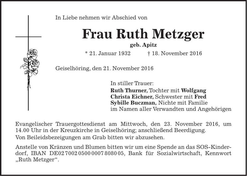 Traueranzeige Ruth Metzger