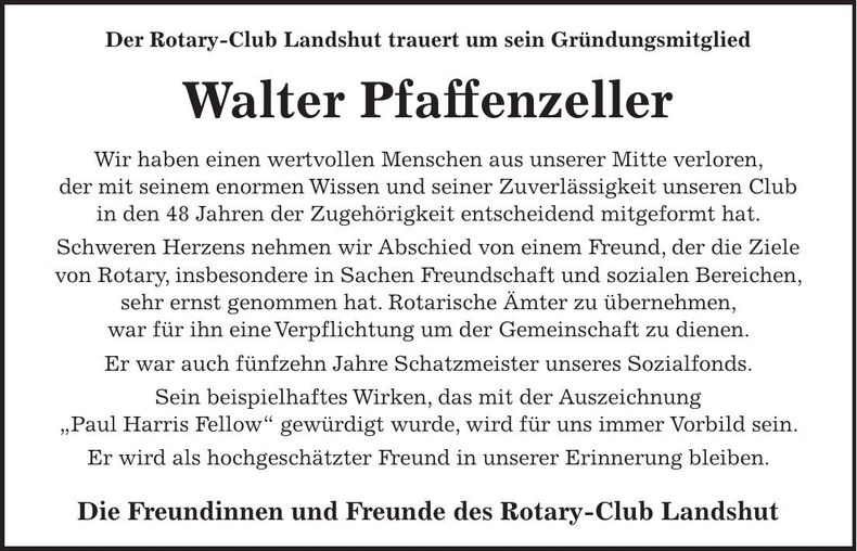 Traueranzeige Walter Pfaffenzeller