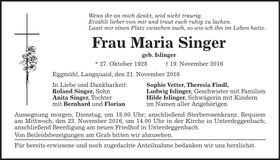 Traueranzeige Maria Singer