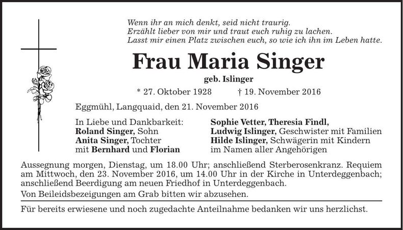 Traueranzeige Maria Singer