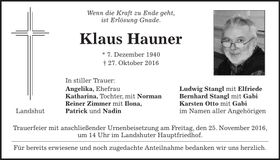 Traueranzeige Klaus Hauner