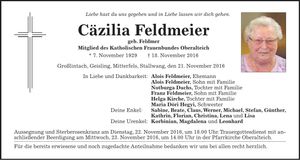 Traueranzeige Cäzilia Feldmeier
