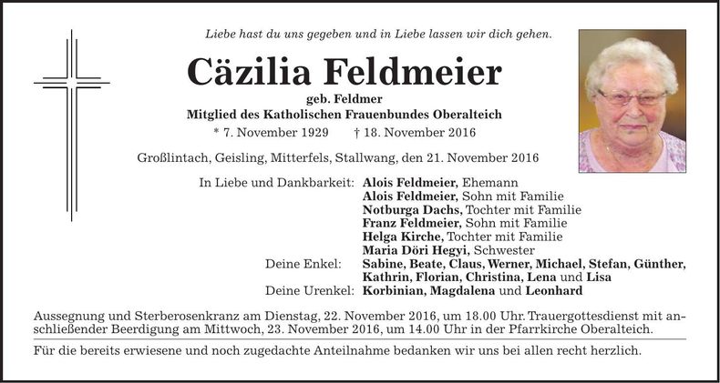 Traueranzeige Cäzilia Feldmeier