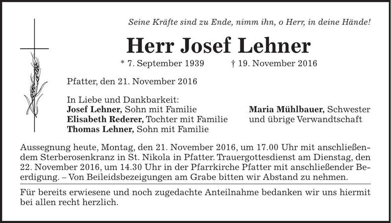Traueranzeige Josef Lehner