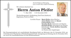 Traueranzeige Anton Pfeifer