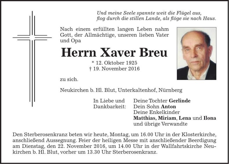 Traueranzeige Xaver Breu