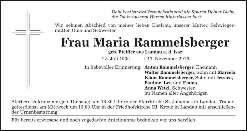 Traueranzeige Maria Rammelsberger