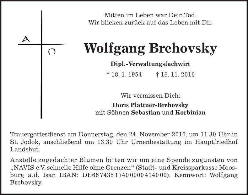 Traueranzeige Wolfgang Brehovsky