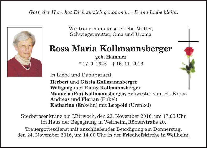 Traueranzeige Rosa Maria Kollmannsberger