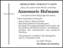 Traueranzeige Annemarie Hofmann