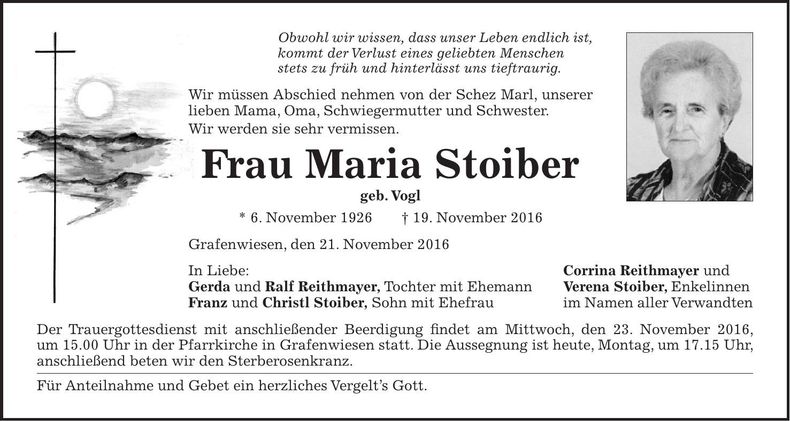 Traueranzeige Maria Stoiber
