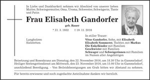 Traueranzeige Elisabeth Gandorfer