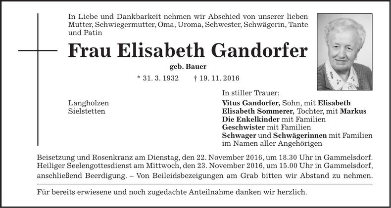 Traueranzeige Elisabeth Gandorfer