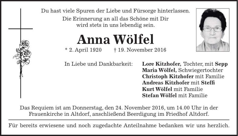 Traueranzeige Anna Wölfel
