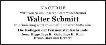 Traueranzeige Walter Schmitt