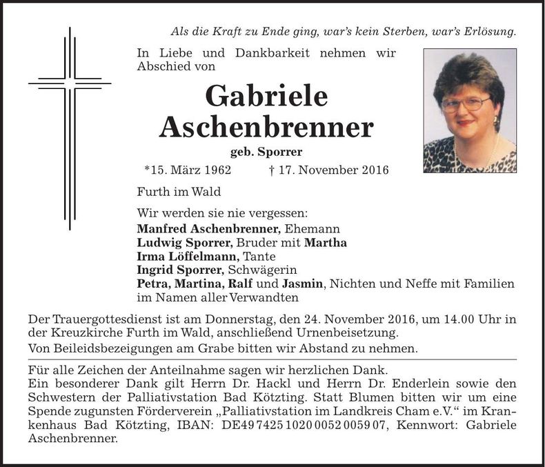 Traueranzeige Gabriele Aschenbrenner