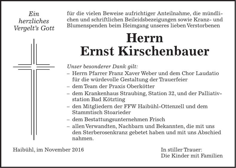 Traueranzeige Ernst Kirschenbauer