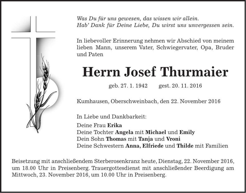 Traueranzeige Josef Thurmaier