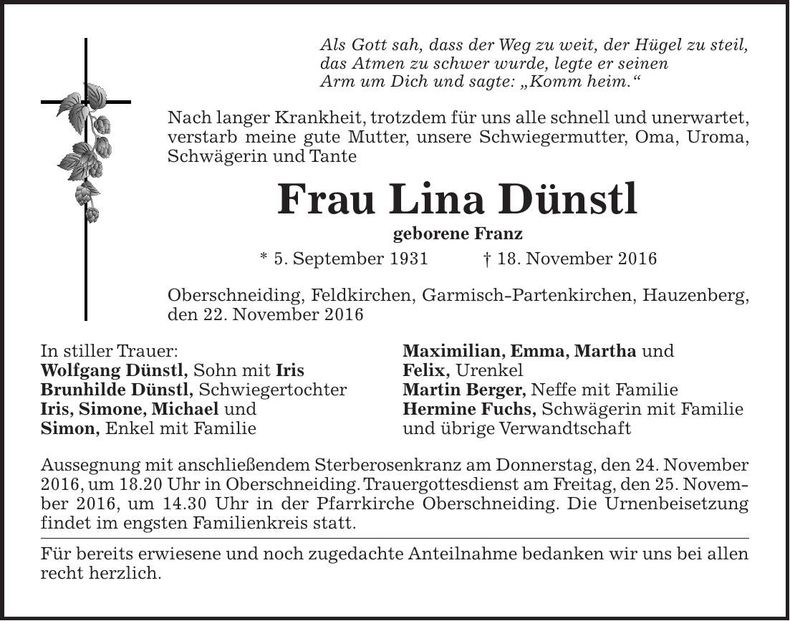 Traueranzeige Lina Dünstl