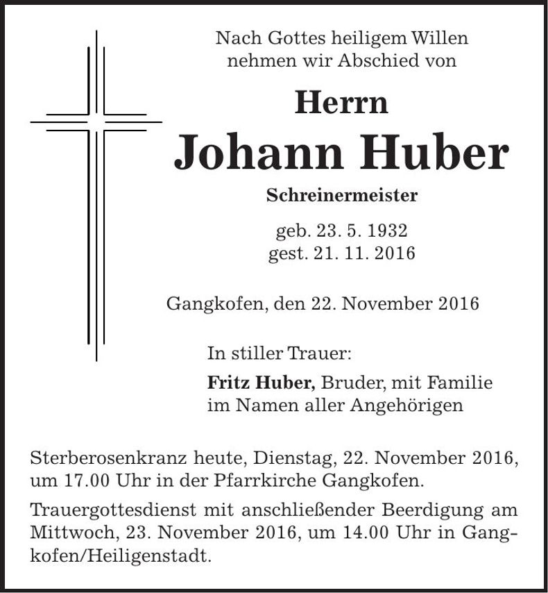 Traueranzeige Johann Huber