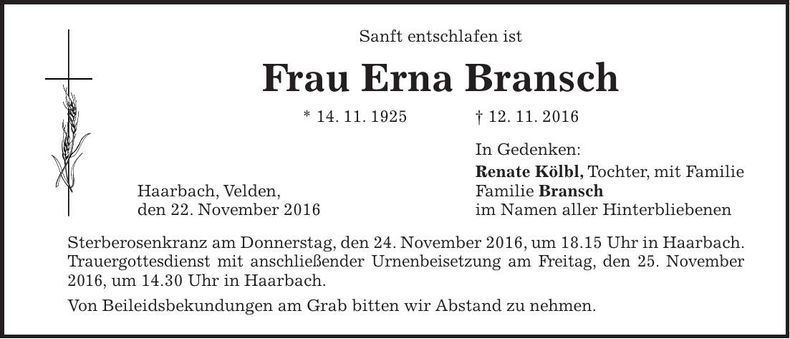 Traueranzeige Erna Bransch