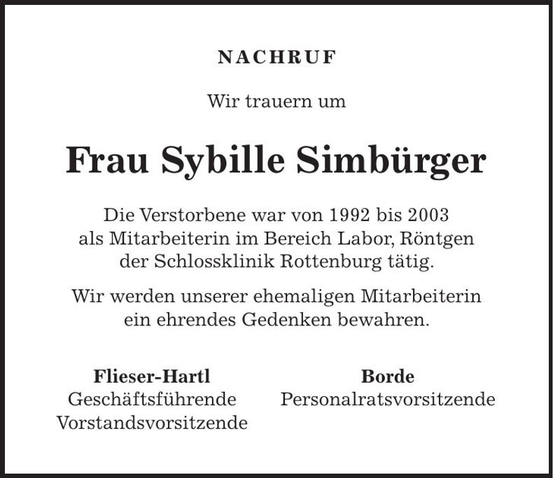 Traueranzeige Sybille Simbürger