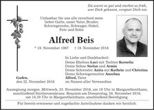 Traueranzeige Alfred Beisl
