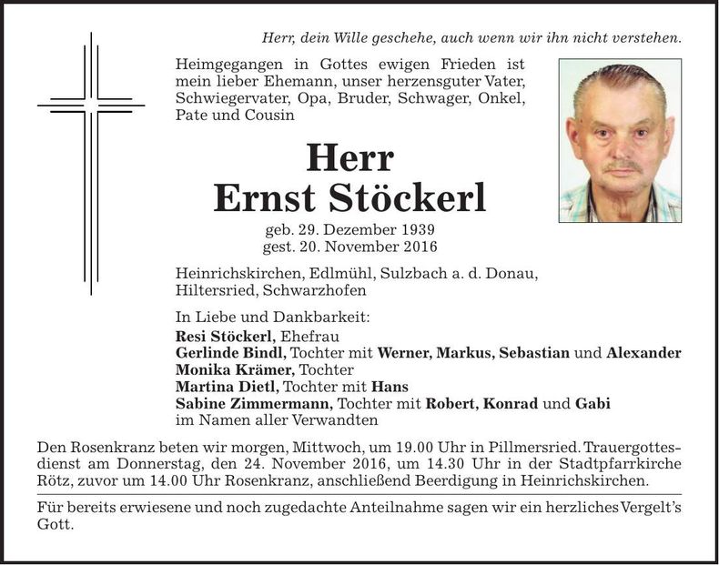 Traueranzeige Ernst Stöckerl
