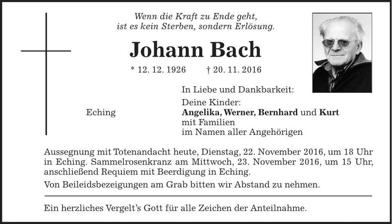 Traueranzeige Johann Bach