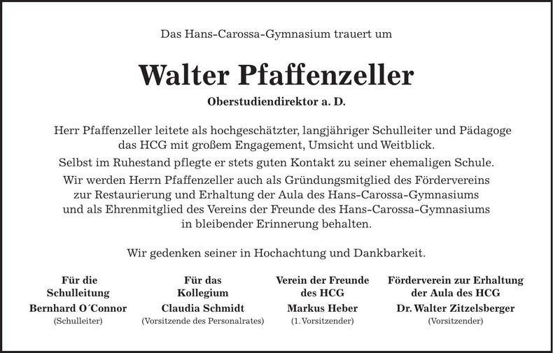 Traueranzeige Walter Pfaffenzeller