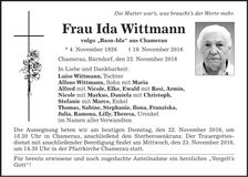 Traueranzeige Ida Wittmann