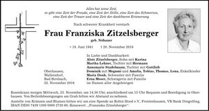 Traueranzeige Franziska Zitzelsberger