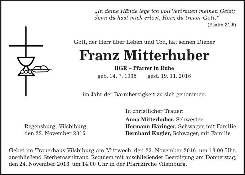 Traueranzeige Franz Mitterhuber