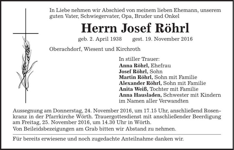Traueranzeige Josef Röhrl