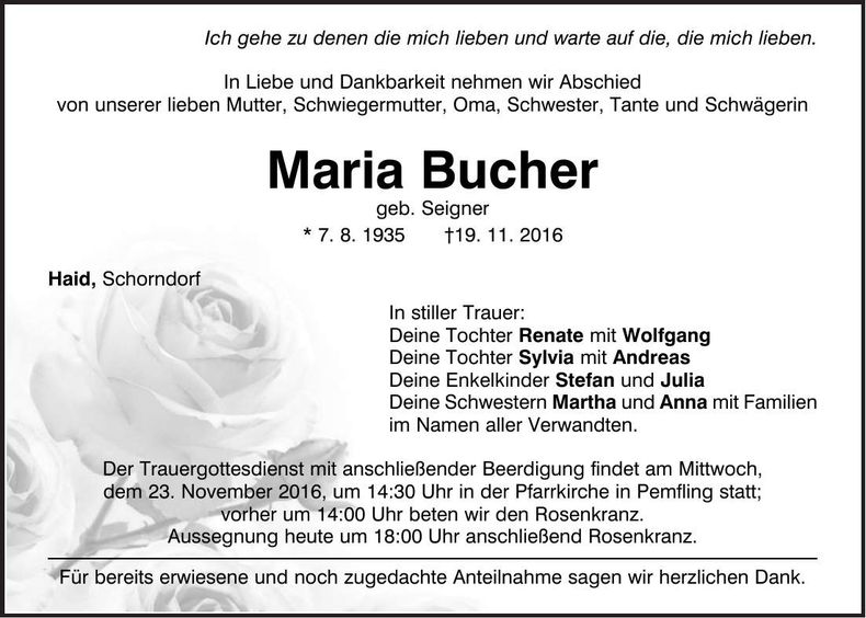 Traueranzeige Maria Bucher