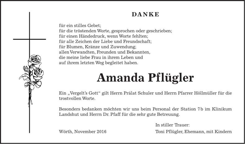 Traueranzeige Amanda Pflügler