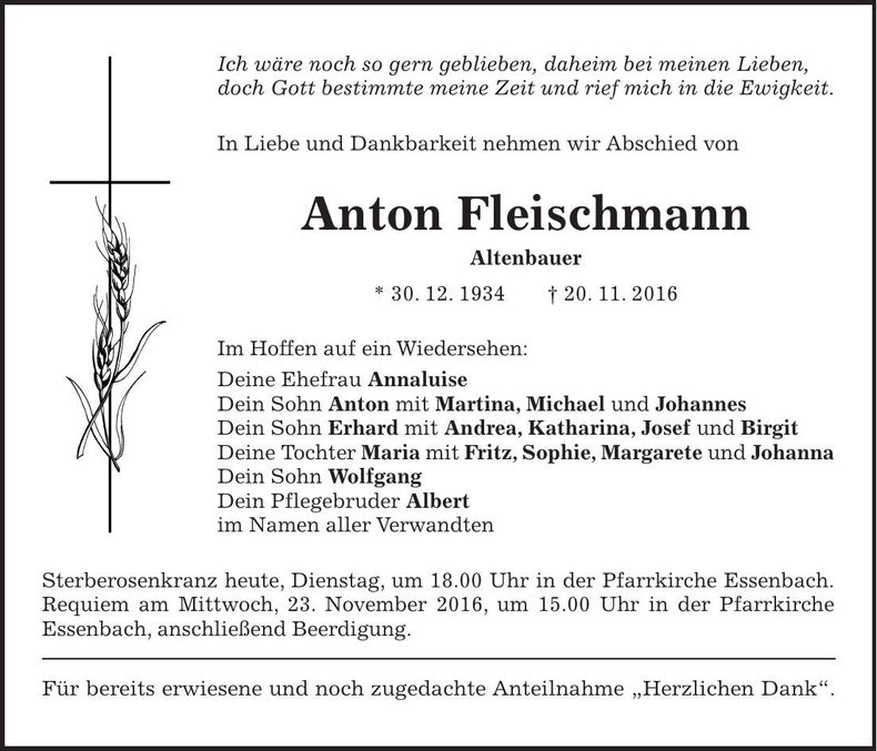 Traueranzeige Anton Fleischmann