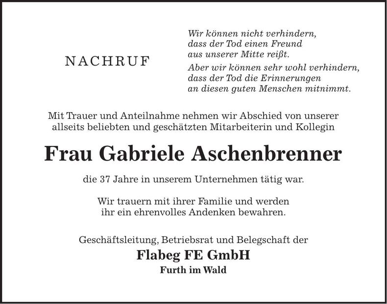 Traueranzeige Gabriele Aschenbrenner