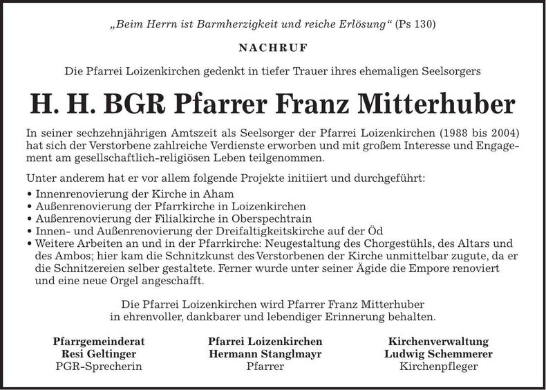 Traueranzeige Franz Mitterhuber