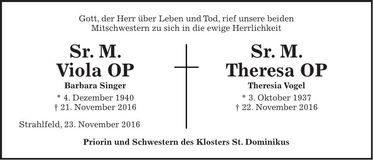 Traueranzeige Barbara Singer/Theresia Vogel Sr.M. Viola OP/ Sr.M.Theresa OP
