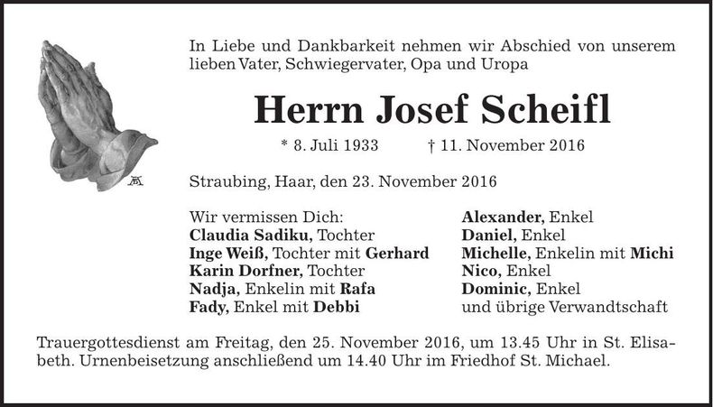Traueranzeige Josef Scheifl