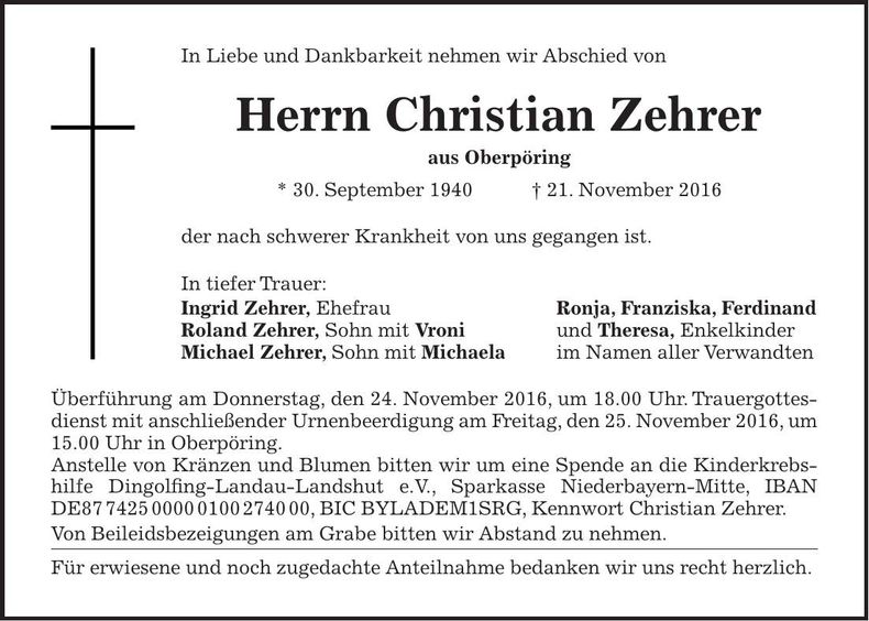 Traueranzeige Christian Zehrer